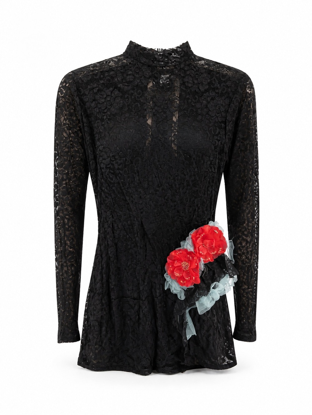 Black Lace Long-Sleeve Chemise with Red Floral Appliqué sheer lace with blue